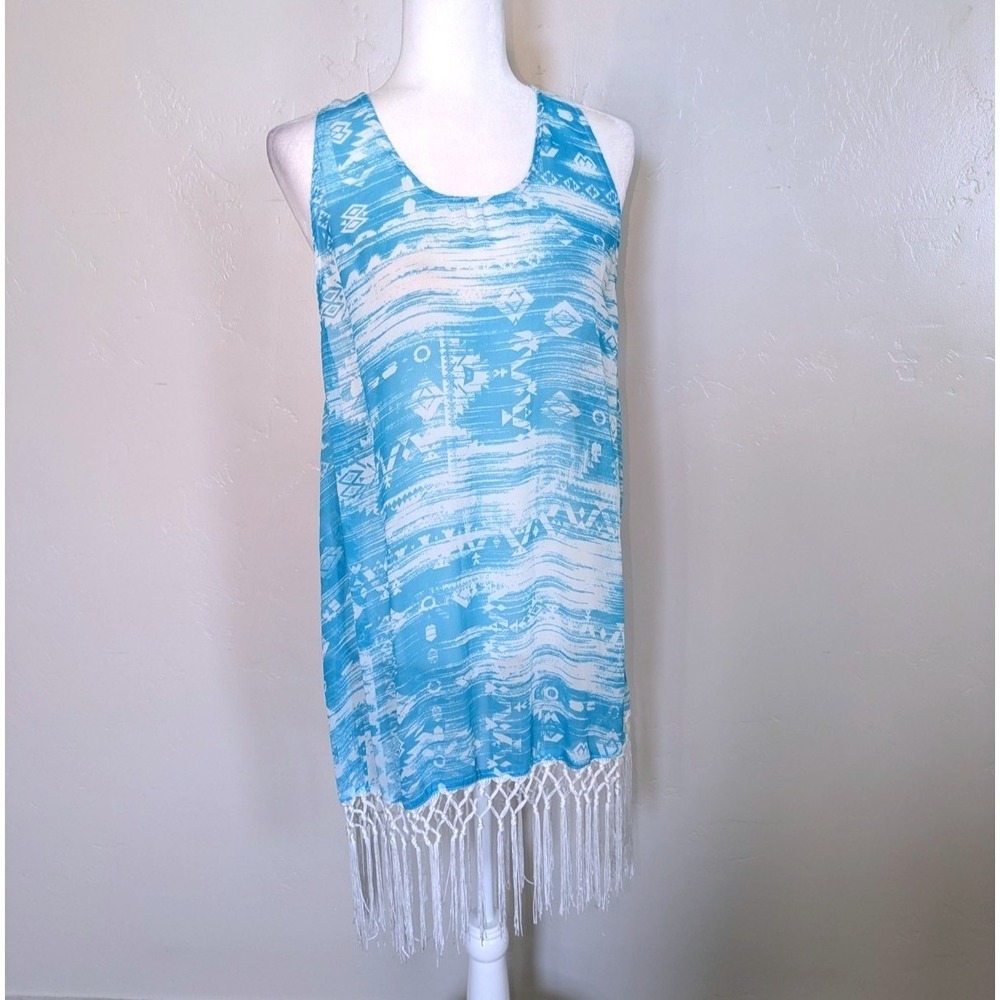 Francesca's Swim Cover Up Women M/L Blue Tribal Aztec Macrame Fringe Racerback